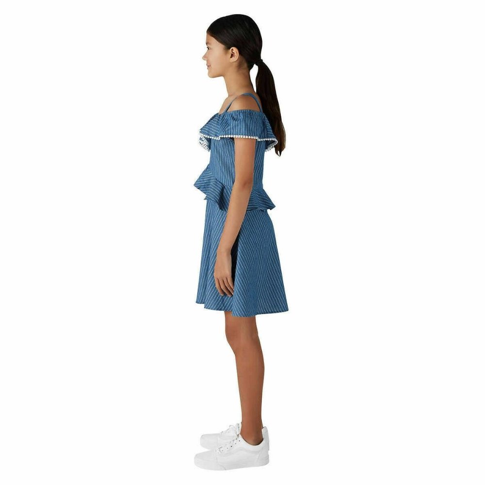 BCBGirls Dress Blue White Stripe Cold Shoulder Ruffle - Picture 2 of 11